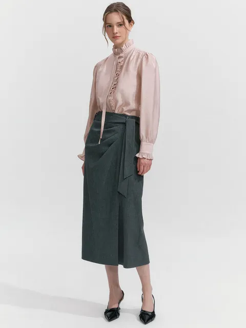 Draped Belted Skirt CHARCOAL GRAY
