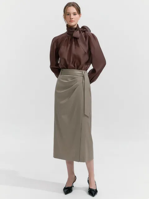 Draped Belted Skirt BEIGE