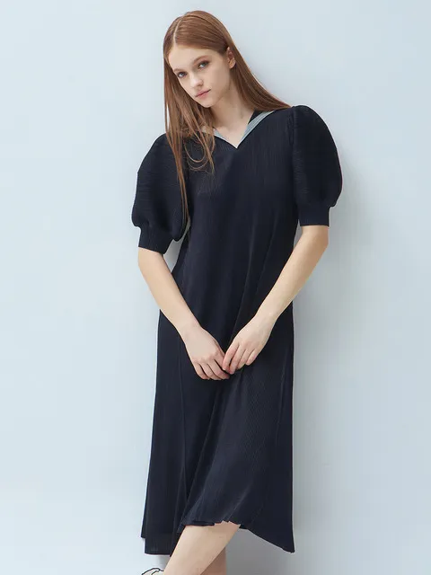 배색 칼라 퍼프소매 플리츠 롱 원피스_2colors