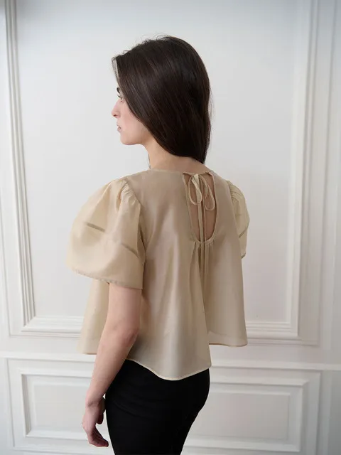 SHEER PUFF RIBBON BLOUSE, SHELL BEIGE
