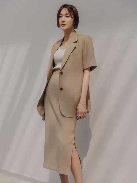 러넌 린넨 하프자켓 렌미디 스커트 셋업(카키)