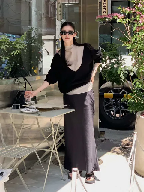 SATIN LONG SKIRT_BLACK