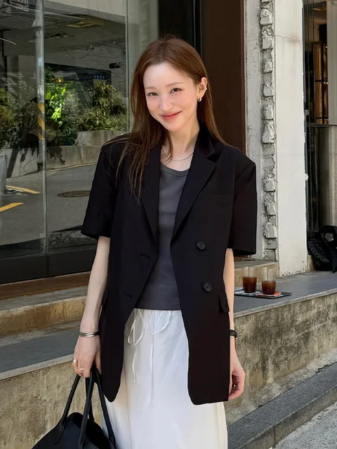 HALF SLEEVE BELTED LINEN JACKET BLACK_UDJA6B226BK
