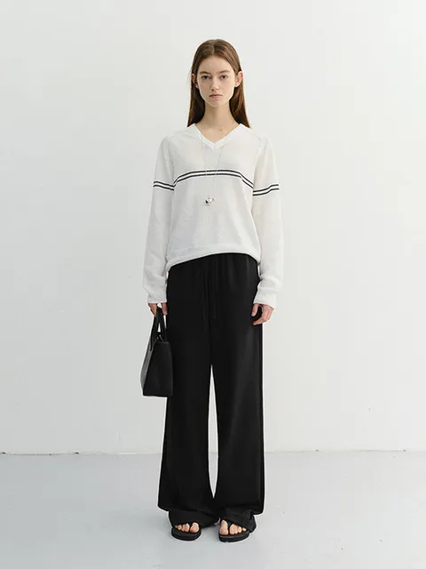 UNISEX V-NECK STRIPED SWEATER CREAM_UDSW6B124CR