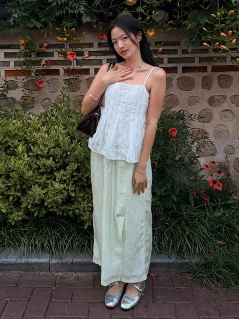 Wrinkled Maxi Low-rise Slit Skirt _LIGHT MINT