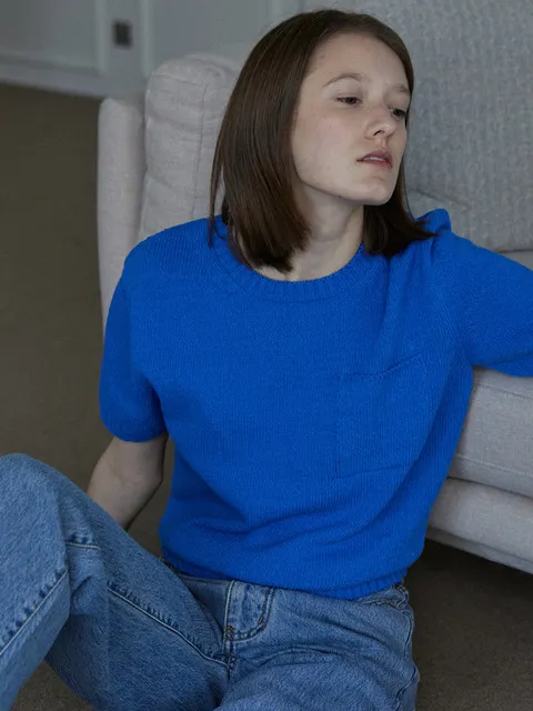 Cotton pocket half sleeve knit_BLUE