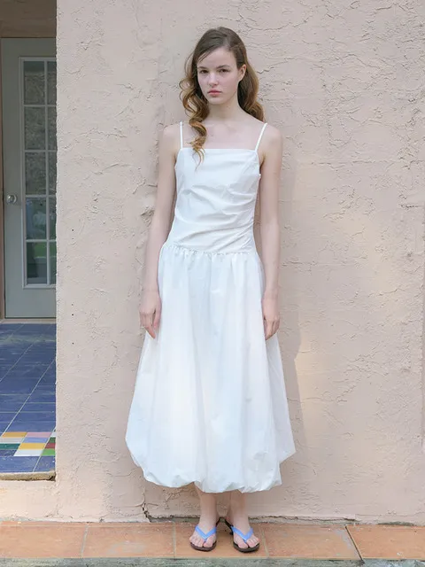 DRAPED SLIP BALLOON DRESS_WHITE
