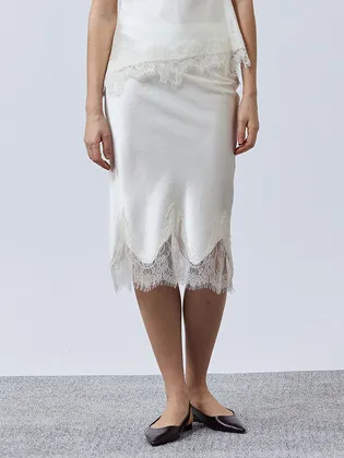 Lace Banding Midi Skirt - Cream