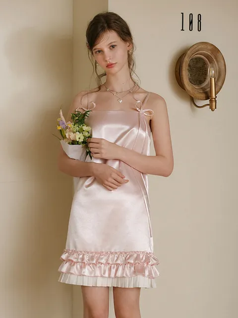 Cest_Satin ruffle sleeveless dress