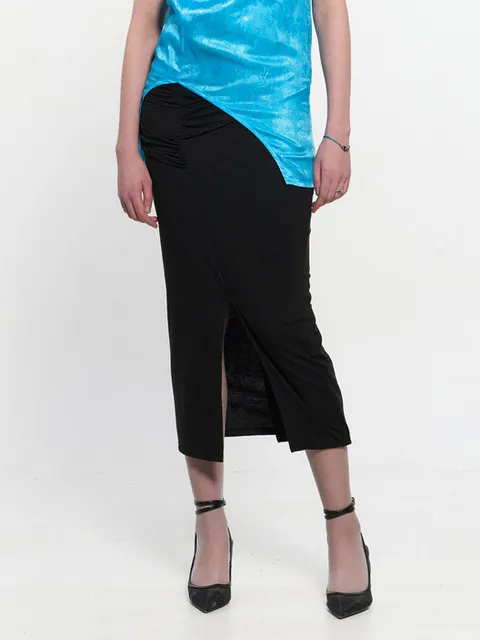 Shirring Layered Slit Skirt _ BLACK