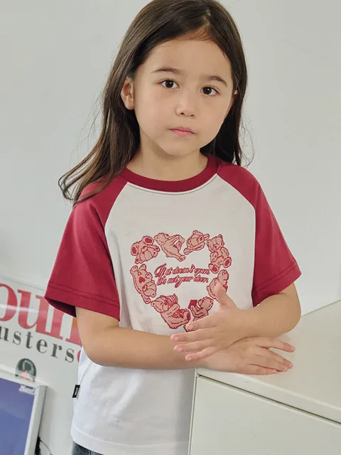 KIDS 하트 베어 레글런 반팔티 버건디