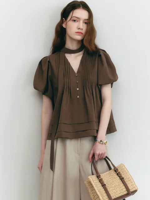 V-neck Pintuck Balloon Sleeve Blouse CHOCO BROWN