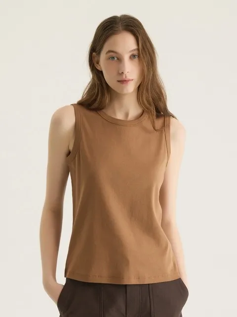 COTTON SLIM SLEEVELESS TOP - CAMEL