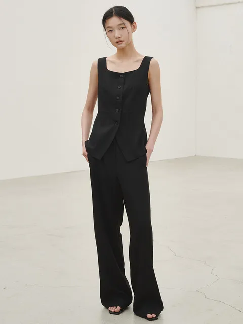 린넨 베스트 블라우스 셋업- 블랙 / Linen Vest Blouse Set up - Black