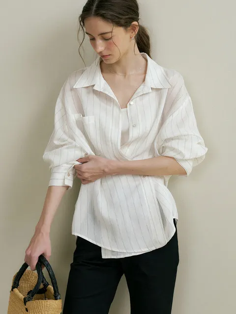 comos 1437 sheer linen stripe wrap shirts (2color)