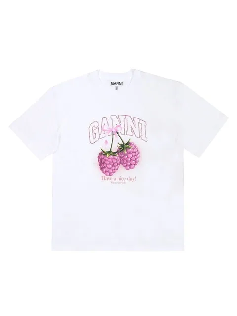 GANNI A1050140 151 헤비 코튼 라즈베리 라인스톤 로고 여성 반팔티
