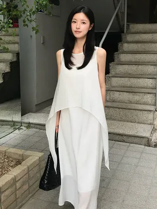 레이어드 슬리브리스 원피스 아이보리 VW800