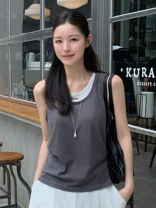 레이어드 슬리브리스 탑 차콜 VW789