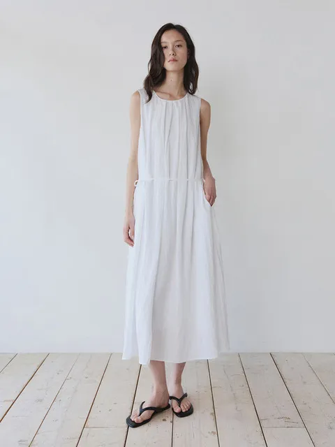 SHIRRING LONG SLEEVELESS DRESS, WHITE