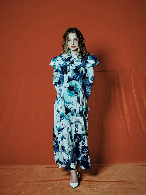 frill tie long dress_bule