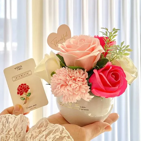 Eplyn Mother's Day soap flower pot + cubic zirconia carnation brooch set