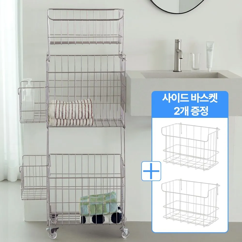 하우스플랜온 올304스텐 3단 대용량 이동식 트롤리 세탁빨래 바구니 사이드바스켓1 4인가족대용량