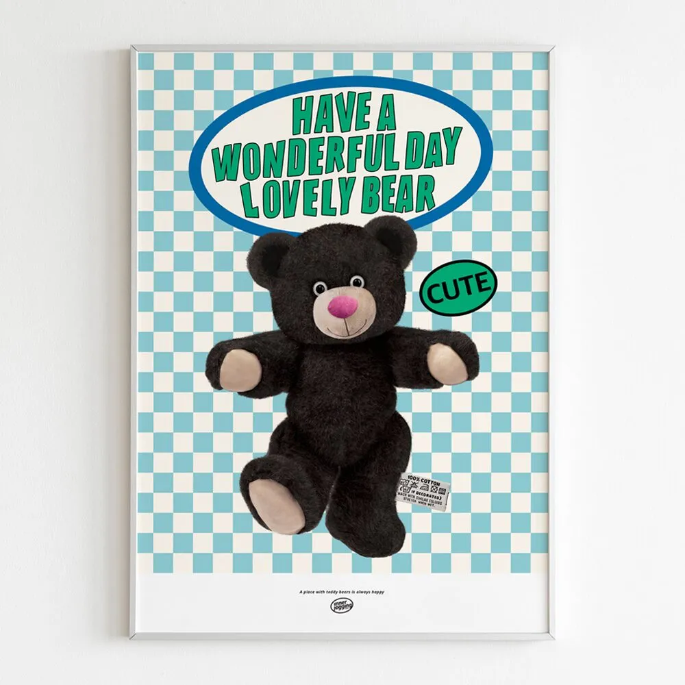 이너조깅 테디베어 블루 체커보드 Teddy bear 벽장식 벽꾸미기 인테리어 포스터 액자