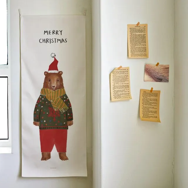어번던스 santa bear 크리스마스 세로형 패브릭 포스터 인테리어 가리개 커튼 2size