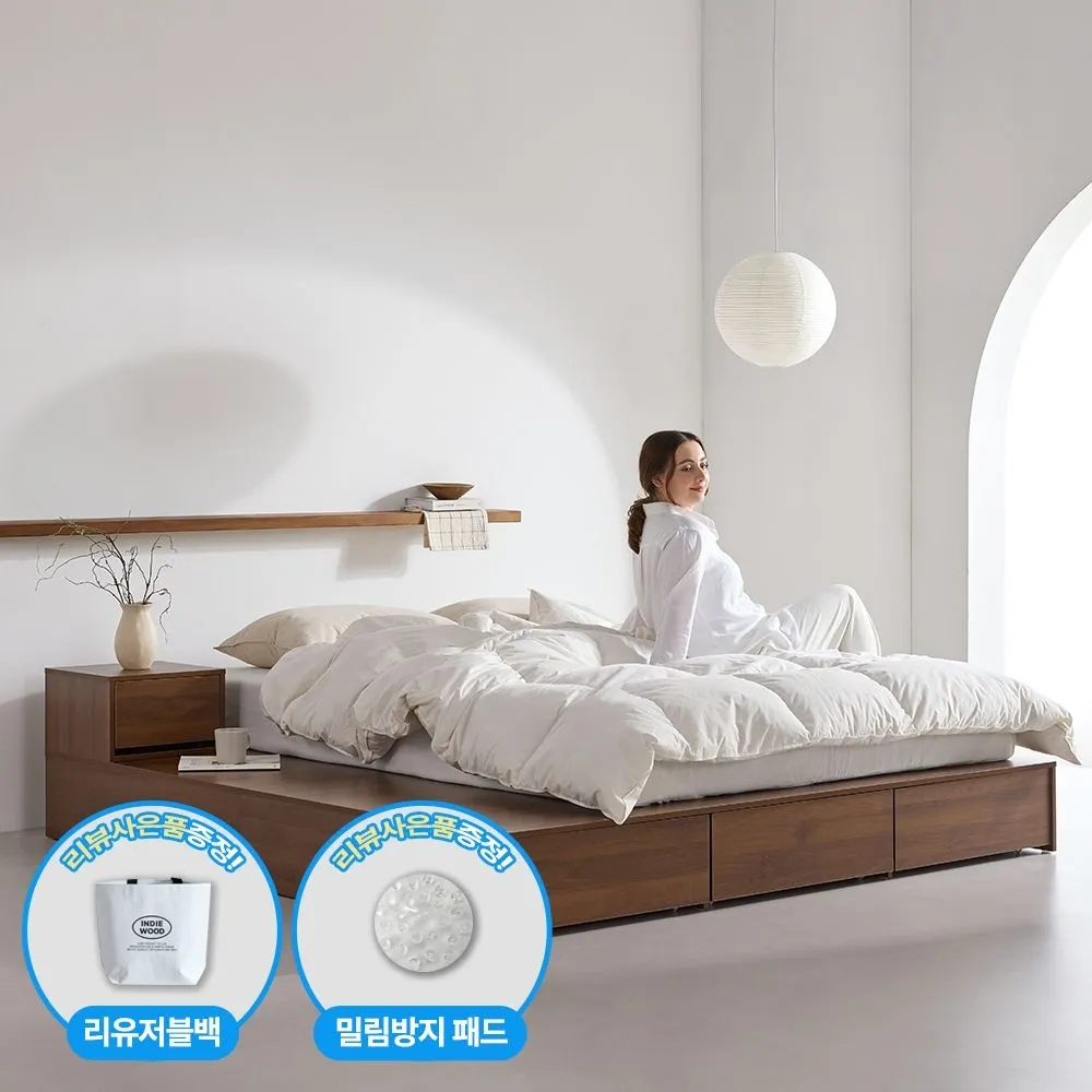 인디우드 플랫우드 E0 평상형 무헤드 저상형 패밀리 수납 침대 프레임 SS Q K LK EK
