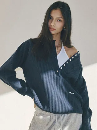 인지액티브 Waffle Relief Deep Placket Sweatshirt 네이비