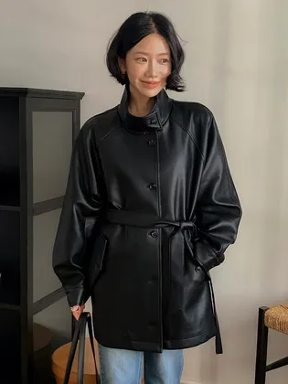 틸아이다이 헤이가가 Pick High neck belted leather jacket TIFA05LE02 Black
