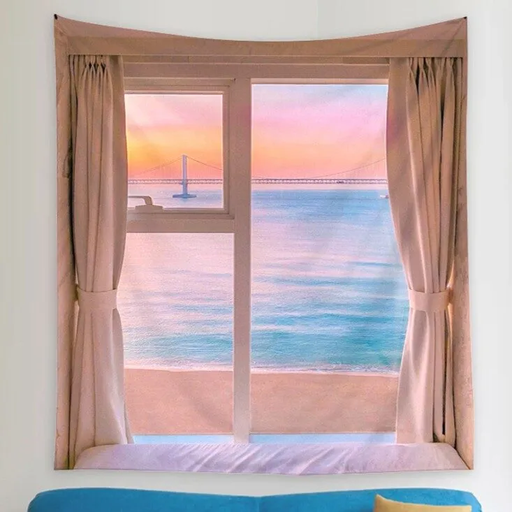 N008 세로 특대형 창문 바다 풍경 패브릭포스터 행거 가리개커튼 가림막 3size