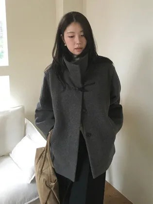 앙고라 울 하이넥 더플 코트_차콜 / ANGORA WOOL HIGH NECK DUFFLE COAT_CHARCOAL