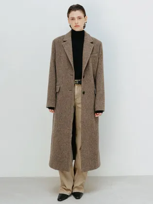 리얼 레더 카라 울 싱글 맥시 코트 (Brown/Charcoal)_2GWUCT04