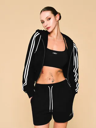 W CHROME B TRACK LINE CROP HOODIE ZIP-UP [BLACK]